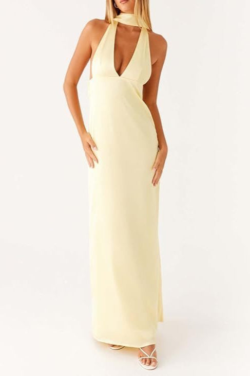Halter Keyhole Open Back Maxi Cocktail Dress