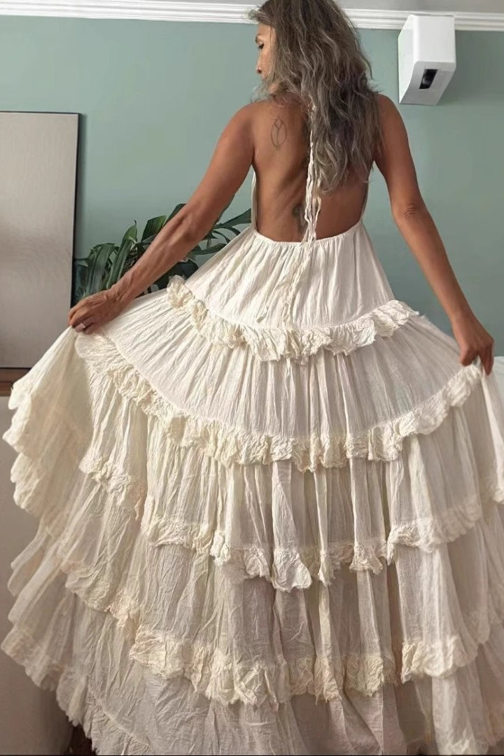 V-Neck Halter Tiered A-Line Boho Dress