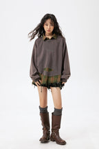 Distressed Plaid Layered Polo Collar Oversized Sweatshirt