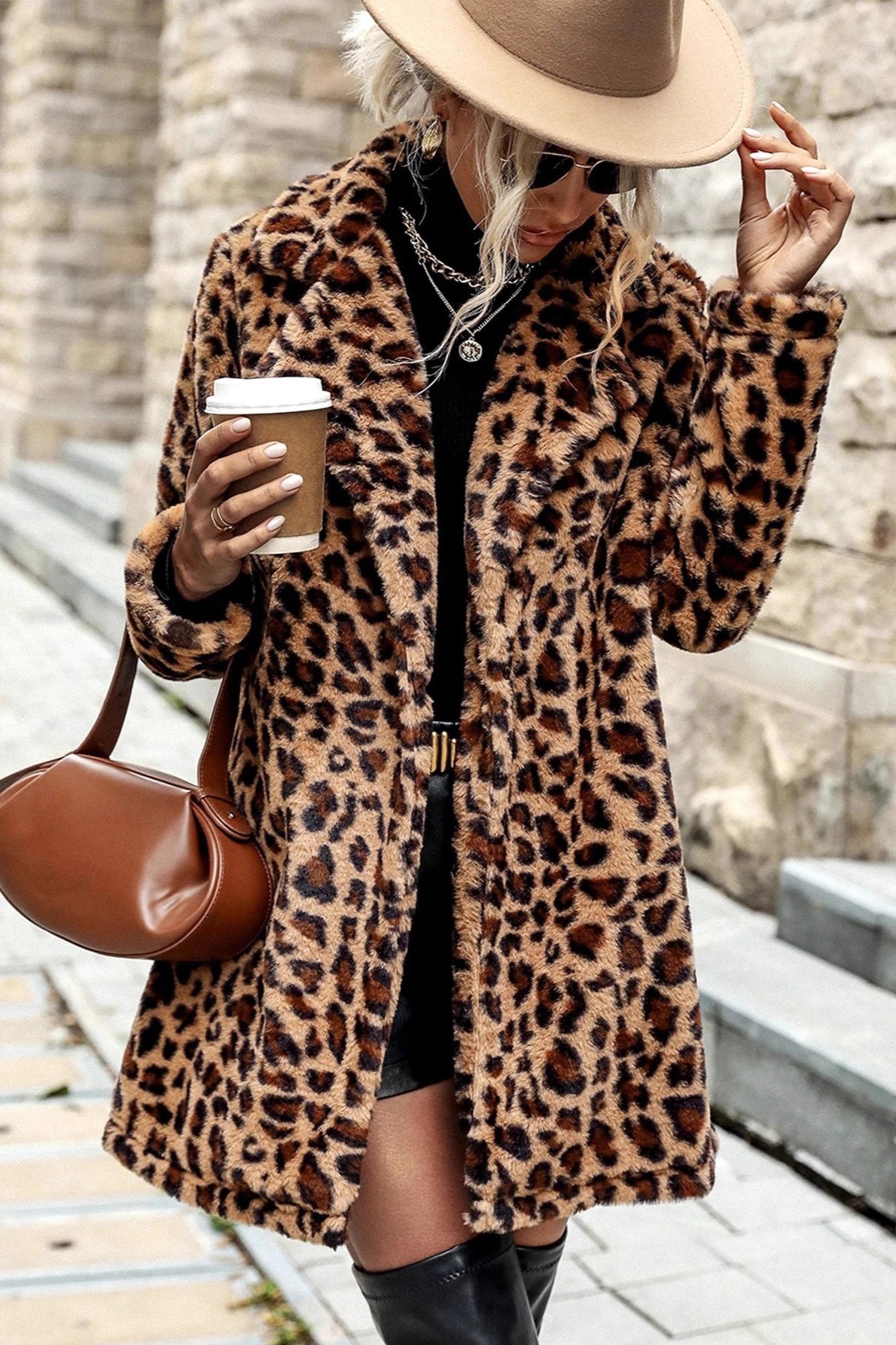 Leopard Print Notch Lapel Plush Overcoat Main image