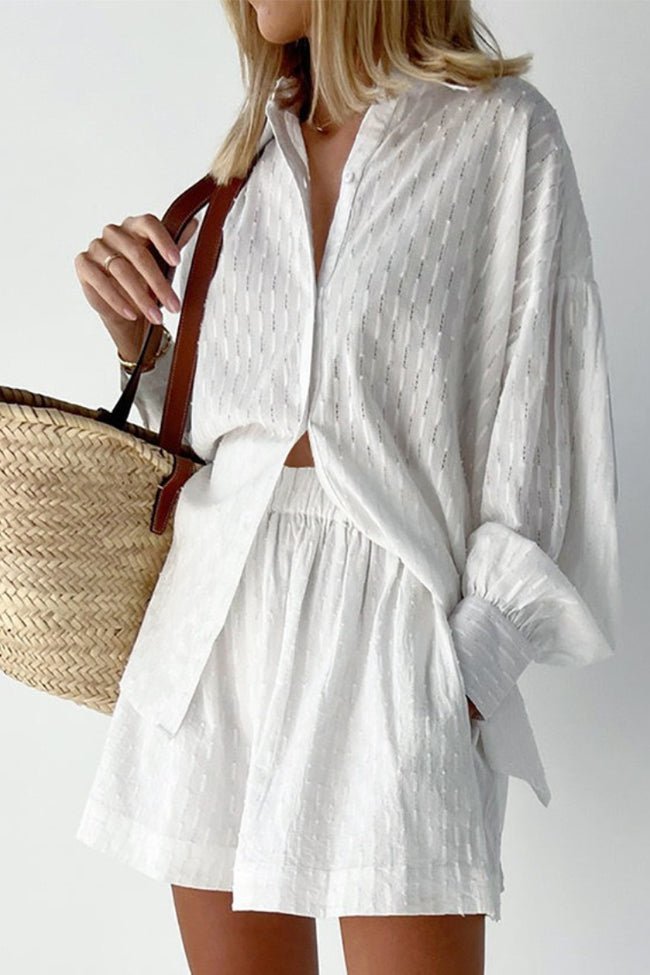 Textured Bubble Sleeve Blouse Casual Shorts Set Main image
