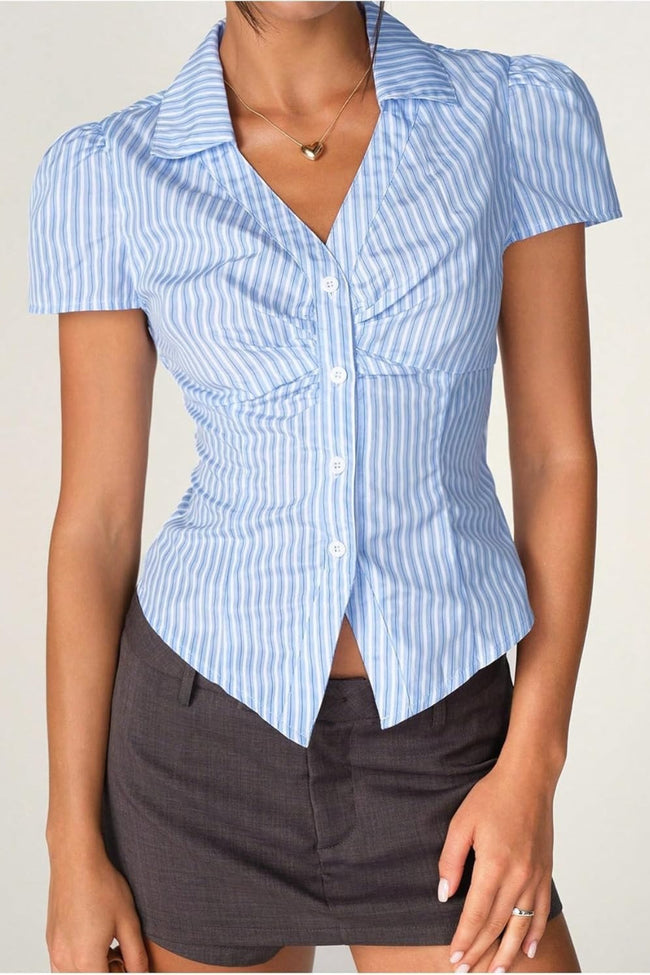 V Neck Striped Ruched Blouse Main image