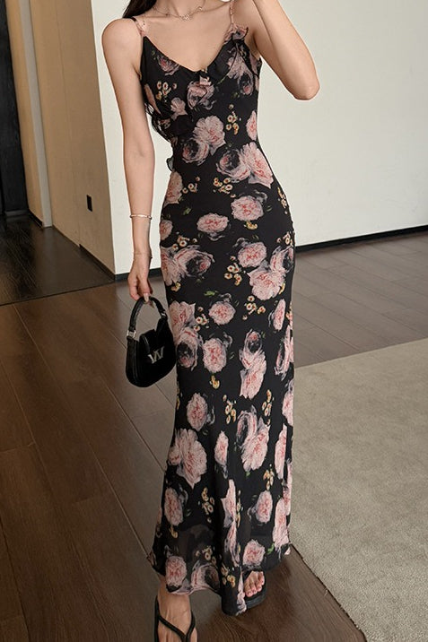 Printed Ruffle Detail Slim Long Floral Dress Secondary image