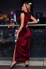 Sleeveless Velvet Side Split Bodycon Maxi Velvet Dress