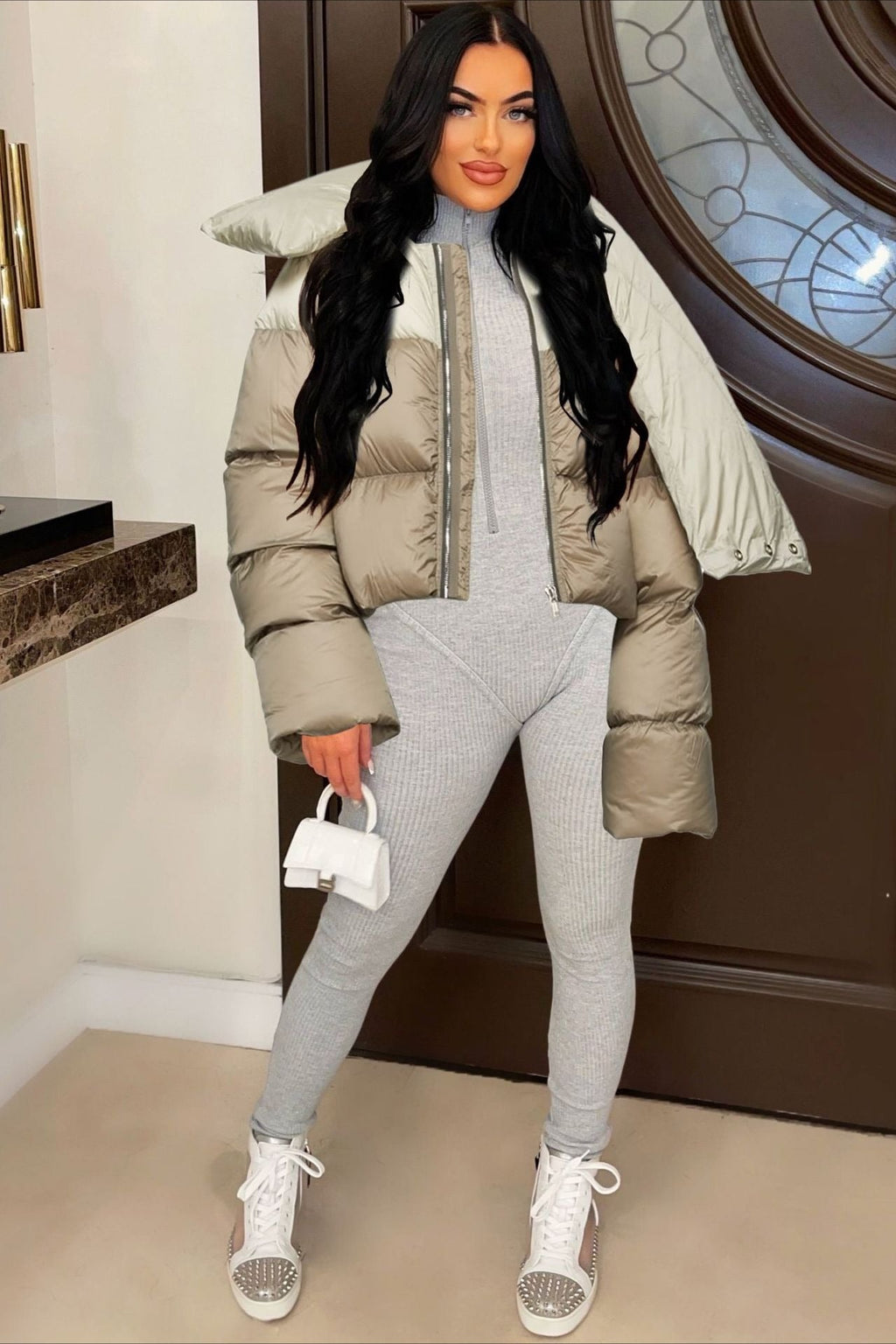 High Neck Scarf Collar Quilted Puffer Jacket S / Khaki