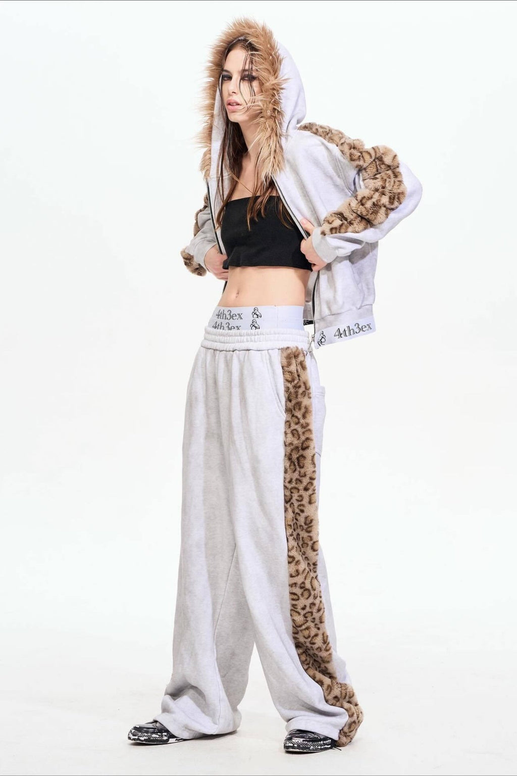 Leopard Faux Fur Trim Zip Up Hoodie