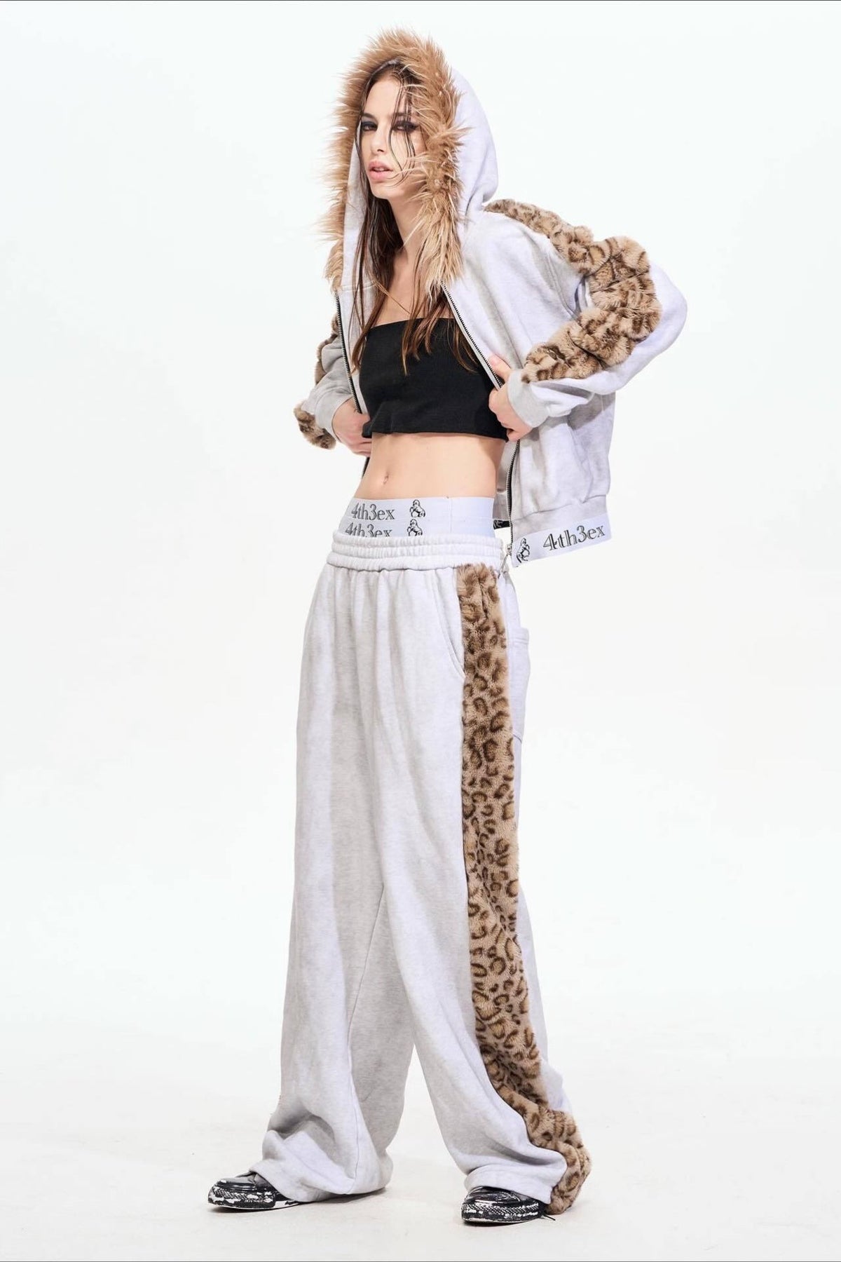 Leopard Faux Fur Trim Zip Up Hoodie