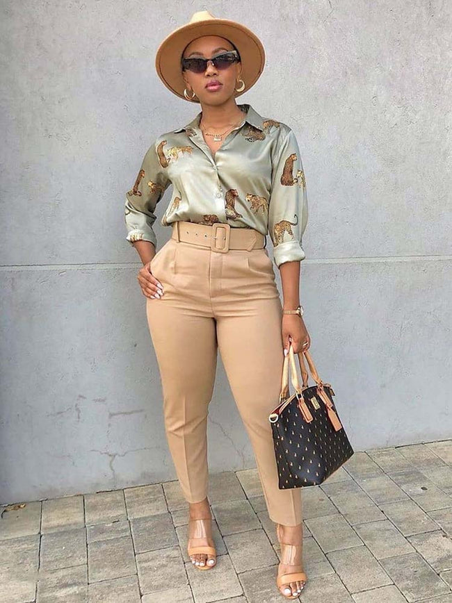 Solid Color Belted Pencil Pants Khaki / M Pants Main image