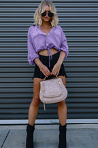 Denim Drawstring Hem Relaxed Blouse