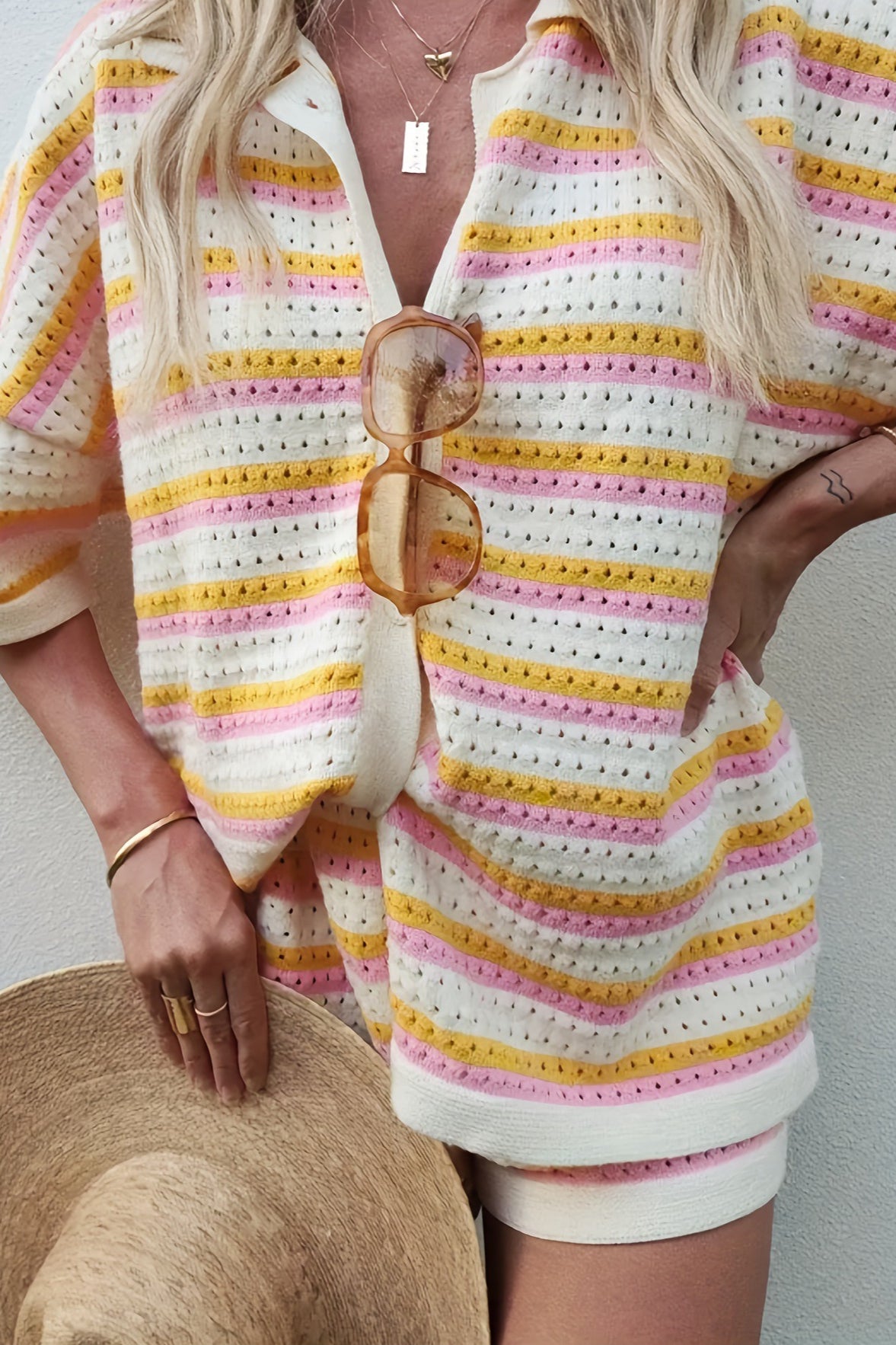 Striped Color Block Knit Shorts Set