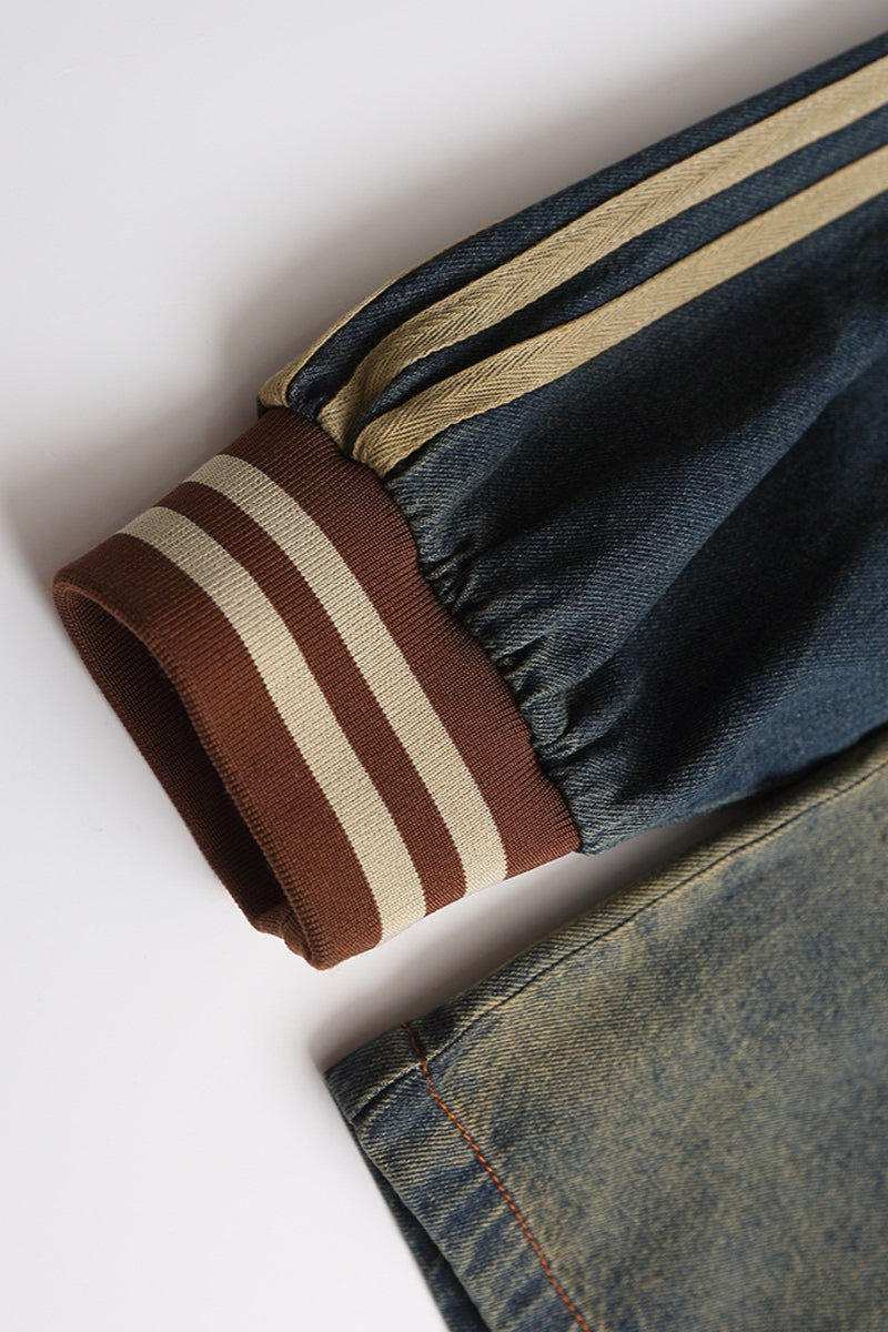 Washed Denim Embroidered V Neck Varsity Sweatshirt