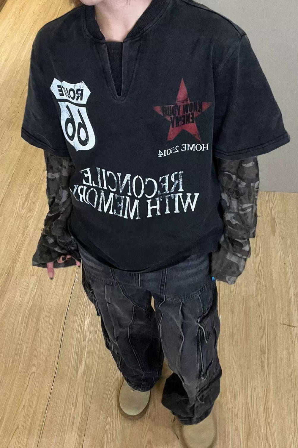Route 66 Graphic Camo Layered Long Sleeve T-Shirt