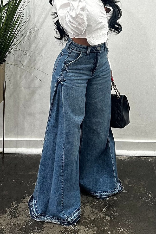 Y2K Patchwork Fringe Relaxed Long Flare Jeans Main image