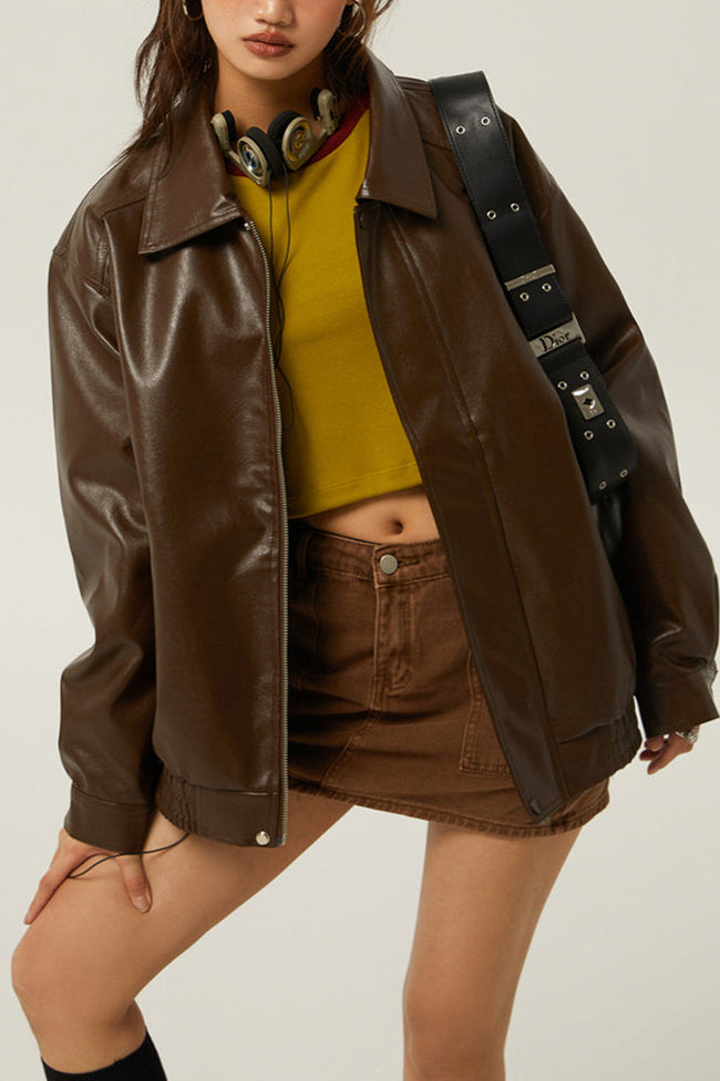 Retro Loose Fit Moto Jacket Brown / S Main image