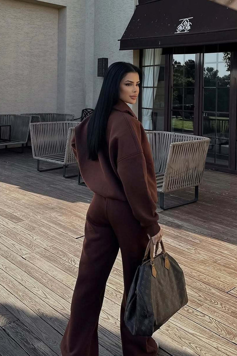 Half Zip Sweatshirt Wide Leg Pants Set