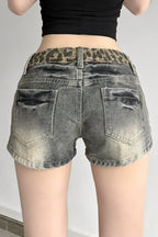 Vintage Leopard Patchwork Low Rise Denim Shorts