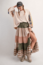 Waffle Knit Patchwork Sleeve Sweatshirt