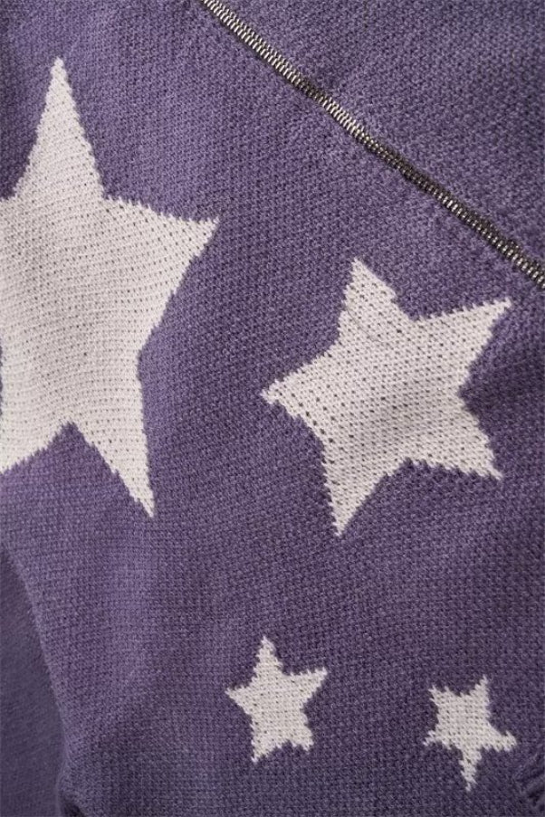 Star Pattern Vintage Knit Zip Up Hoodie