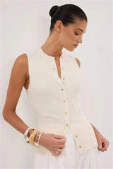 Solid Ribbed Sleeveless Cardigan White / S
