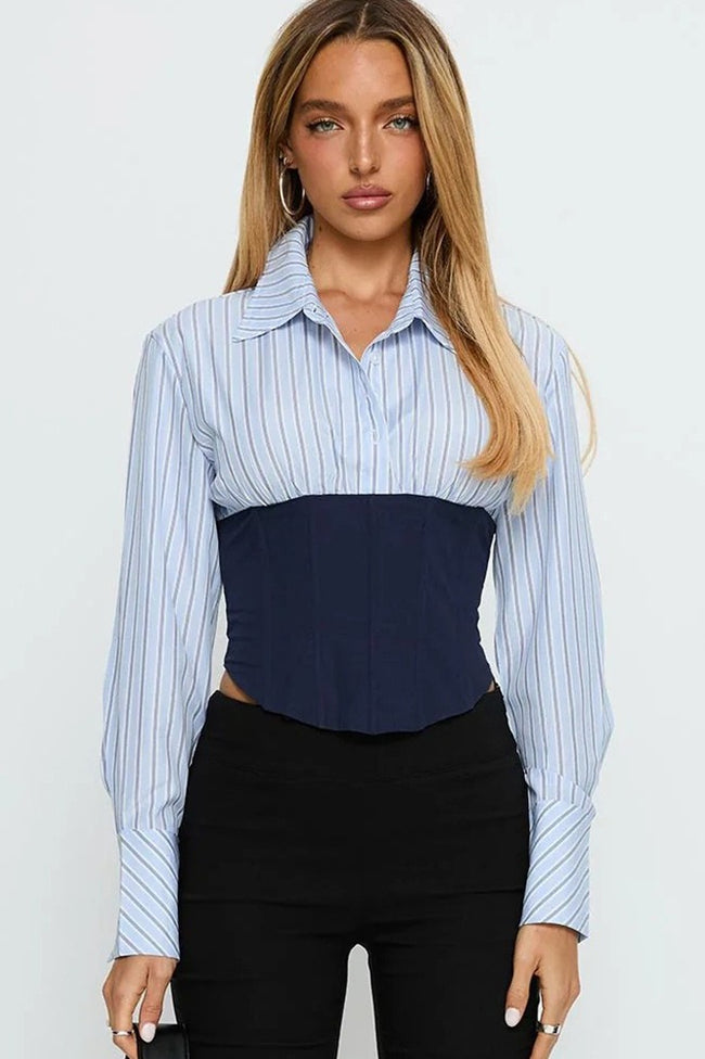 Corset Waist Striped Long Sleeve Blouse Main image