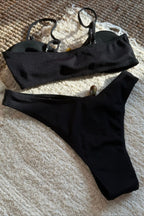 Solid Cutout Beaded Ribbed Bikini Set
