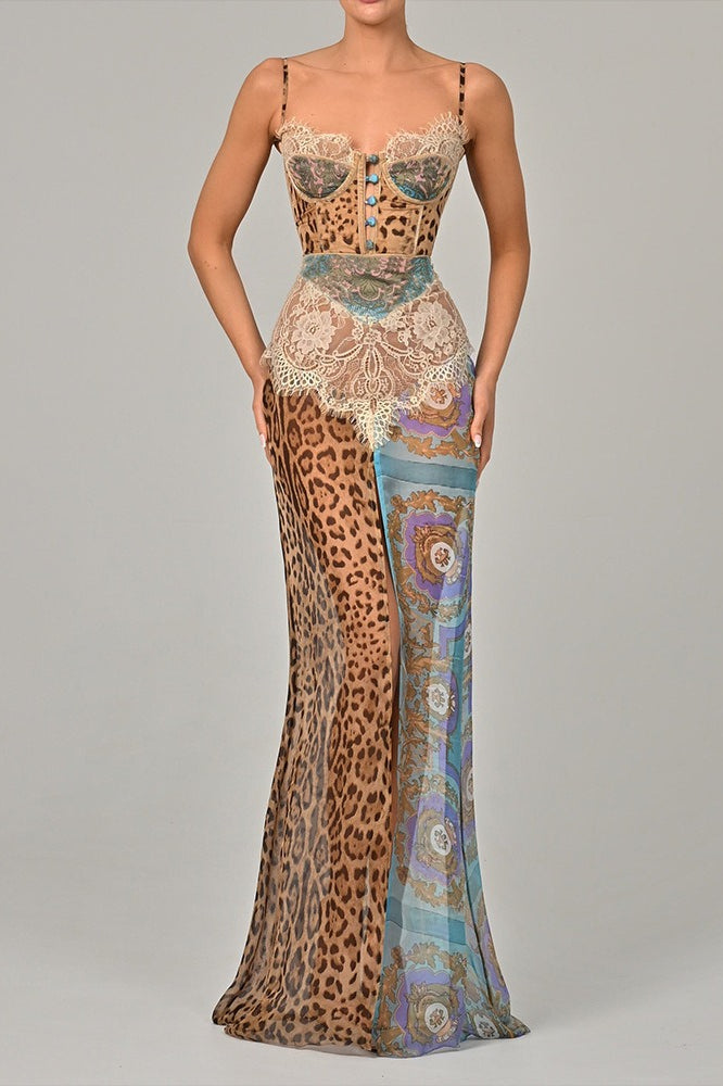Color Block Leopard Printed Floral Dress