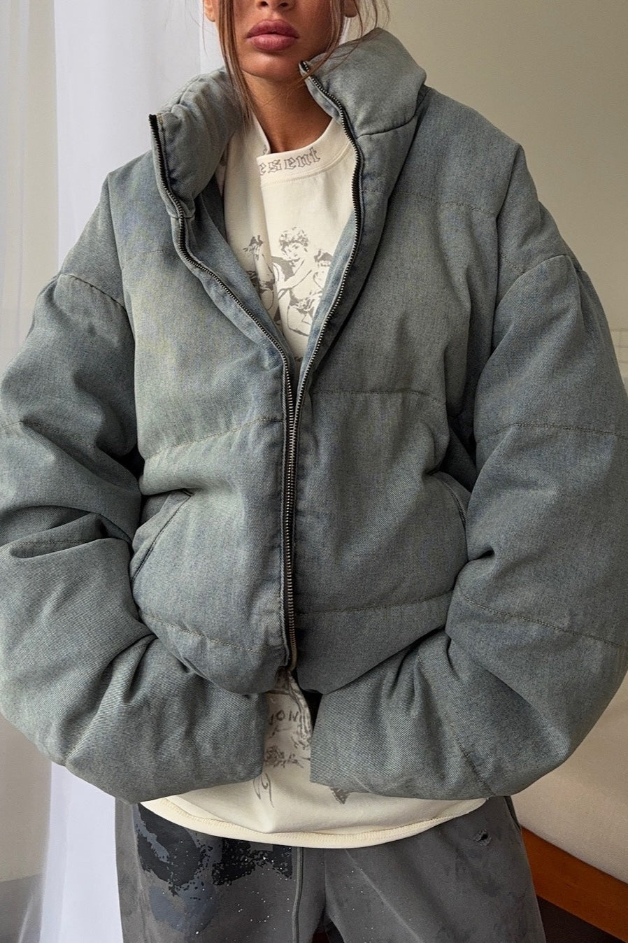Washed Denim Stand Collar Puffer Jacket Secondary image