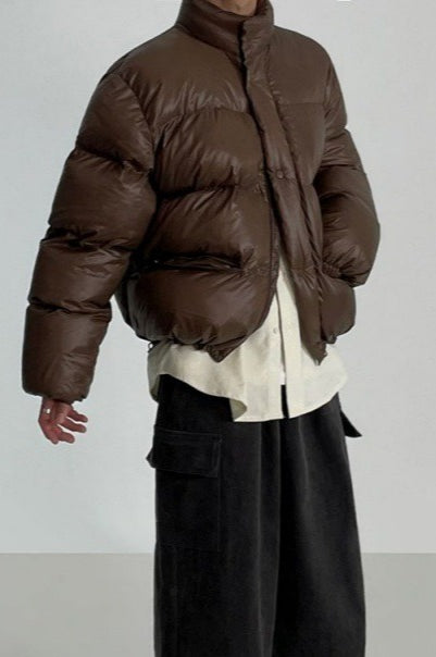 Classic Collar Cropped Solid Puffer Jacket M / Brown Main image