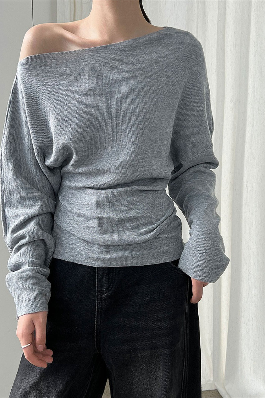 Waist Defining Asymmetric Shoulder Knit Top