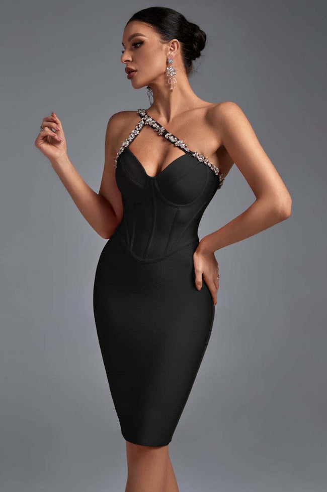 Crystal One-Shoulder Bandage Cocktail Dress S / Black Main image