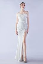 Ostrich Feather Embellished Maxi Dress White / S