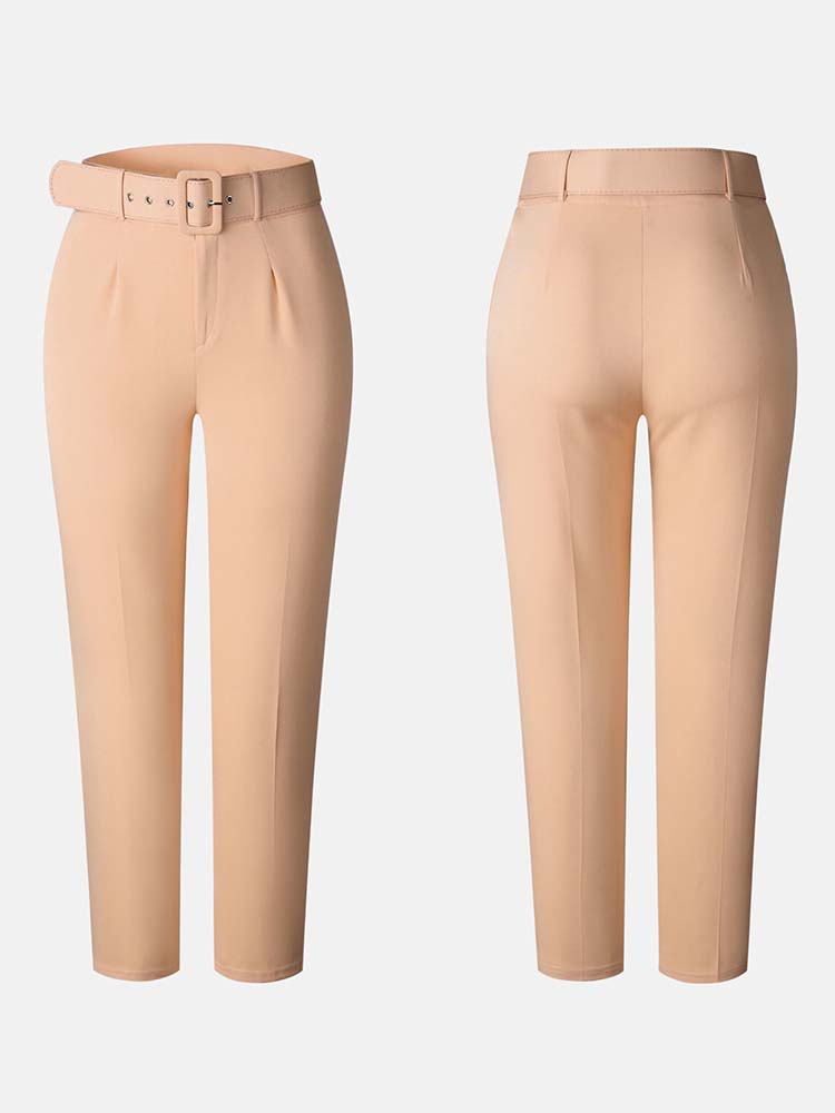 Solid Color Belted Pencil Pants Pants