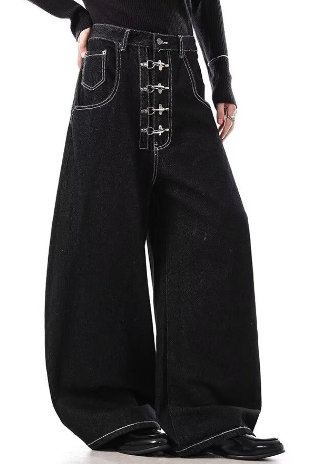 Deep Wash Draped Wide Leg Denim Jeans