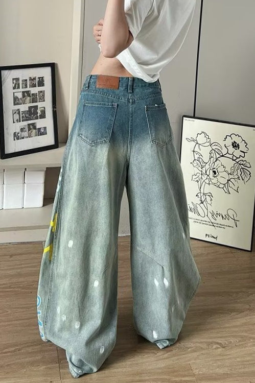 Graffiti Print Distressed Wide Leg Jeans
