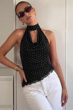 Polka Dot Lace Trim Backless Tie Tube Halter Top