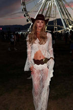 Ruffle Lace Sheer Bell Sleeve Boho Skirt Set
