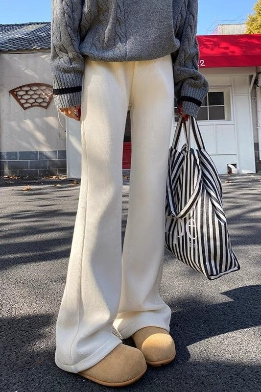 Solid White Plush Flared Knit Pants Main image