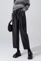 Slim PU Leather Elastic Waist Straight Pants