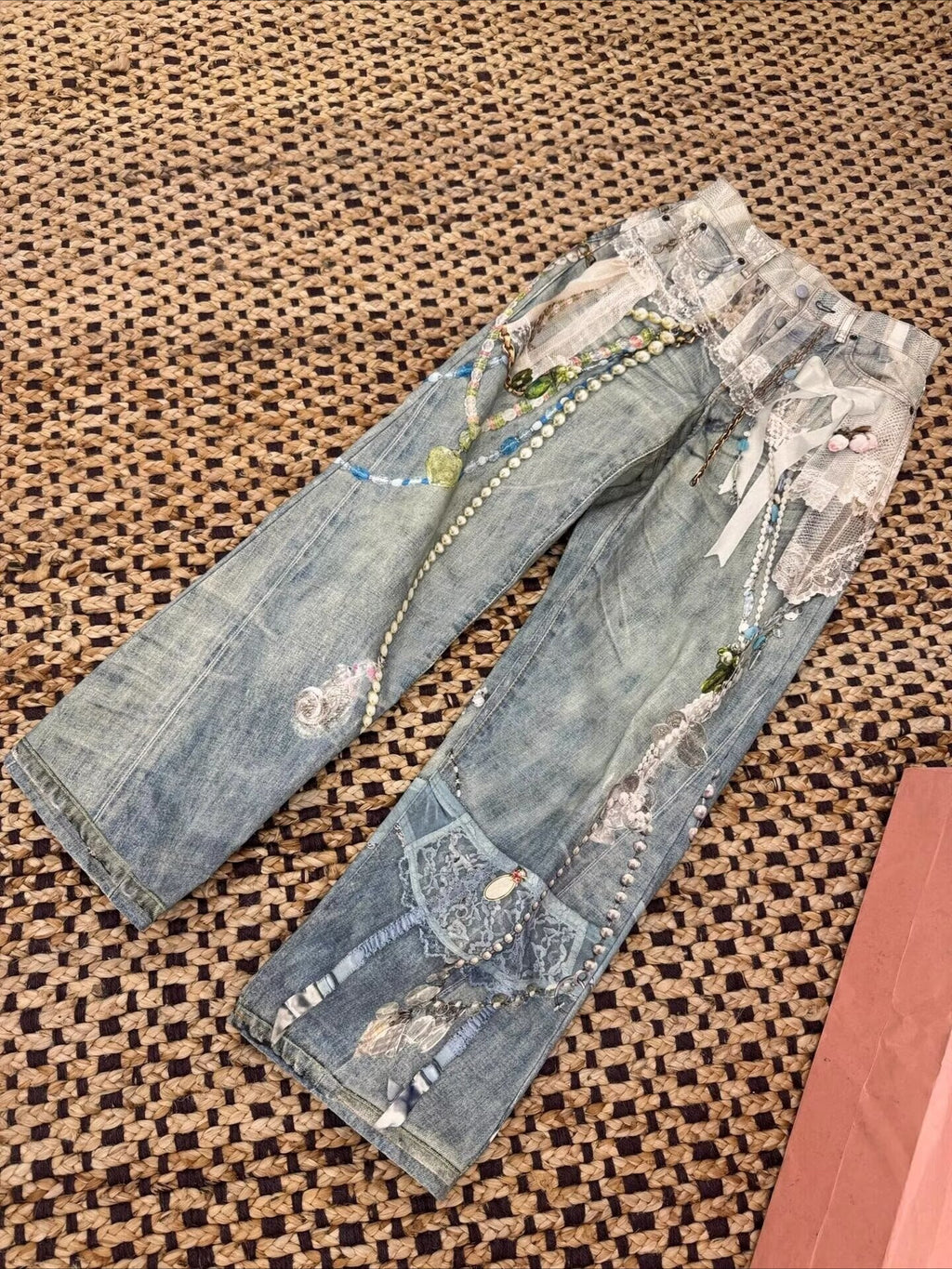 3D Lace Pearl Applique Wide Leg Jeans