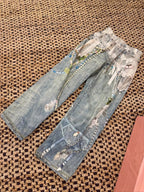 3D Lace Pearl Applique Wide Leg Jeans