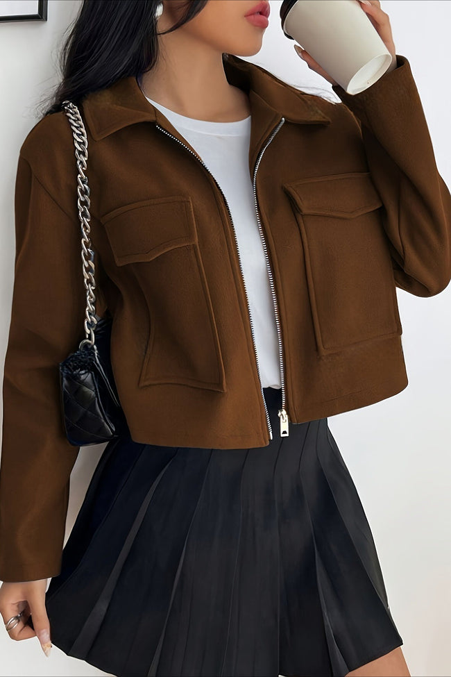 Solid Color Cropped Zip Sleeve Jacket S / Brown Main image