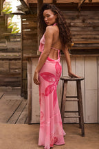 Printed Hollow Backless Beach Vacation Dress