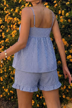 Blue White Plaid Spaghetti Strap Shorts Set