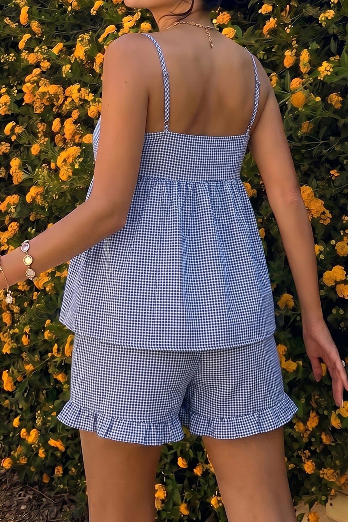 Blue White Plaid Spaghetti Strap Shorts Set