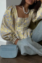 Floral Jacquard Square Neck Peplum Blouse