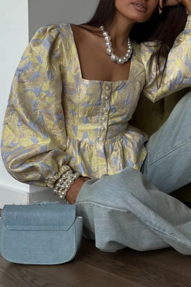 Floral Jacquard Square Neck Peplum Blouse