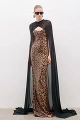 Leopard Sequin Sheer Cape Spaghetti Strap Backless Prom Dress
