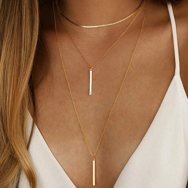 Minimalist Geometric Bar Pendant Layered Chain Necklace Main image