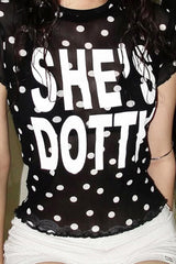 Mesh Polka Dot Letter Print Blouse