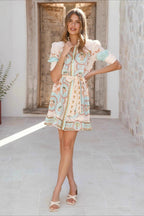 Linen Tie Front Short Sleeve Boho Dress